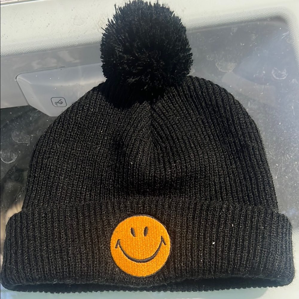 Black Knit Beanie with Smiley Patch